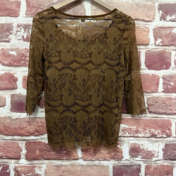 Fossil Top Shirt Women's XS Brown Featherweight Chic Floral Lace Sheer Popover - Picture 4 of 8